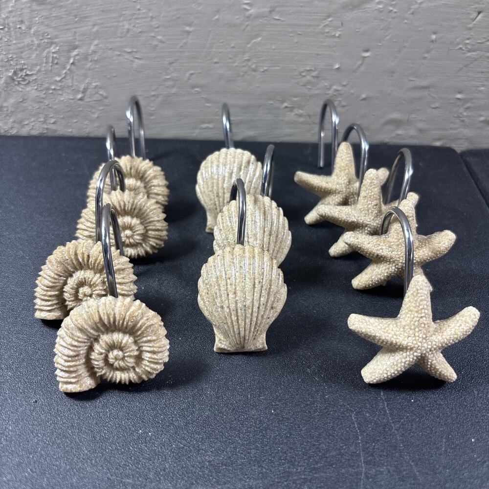 11 Vtg Starfish Scallop Conch Shower Curtain Hooks Rings Nautical Ocean Beach